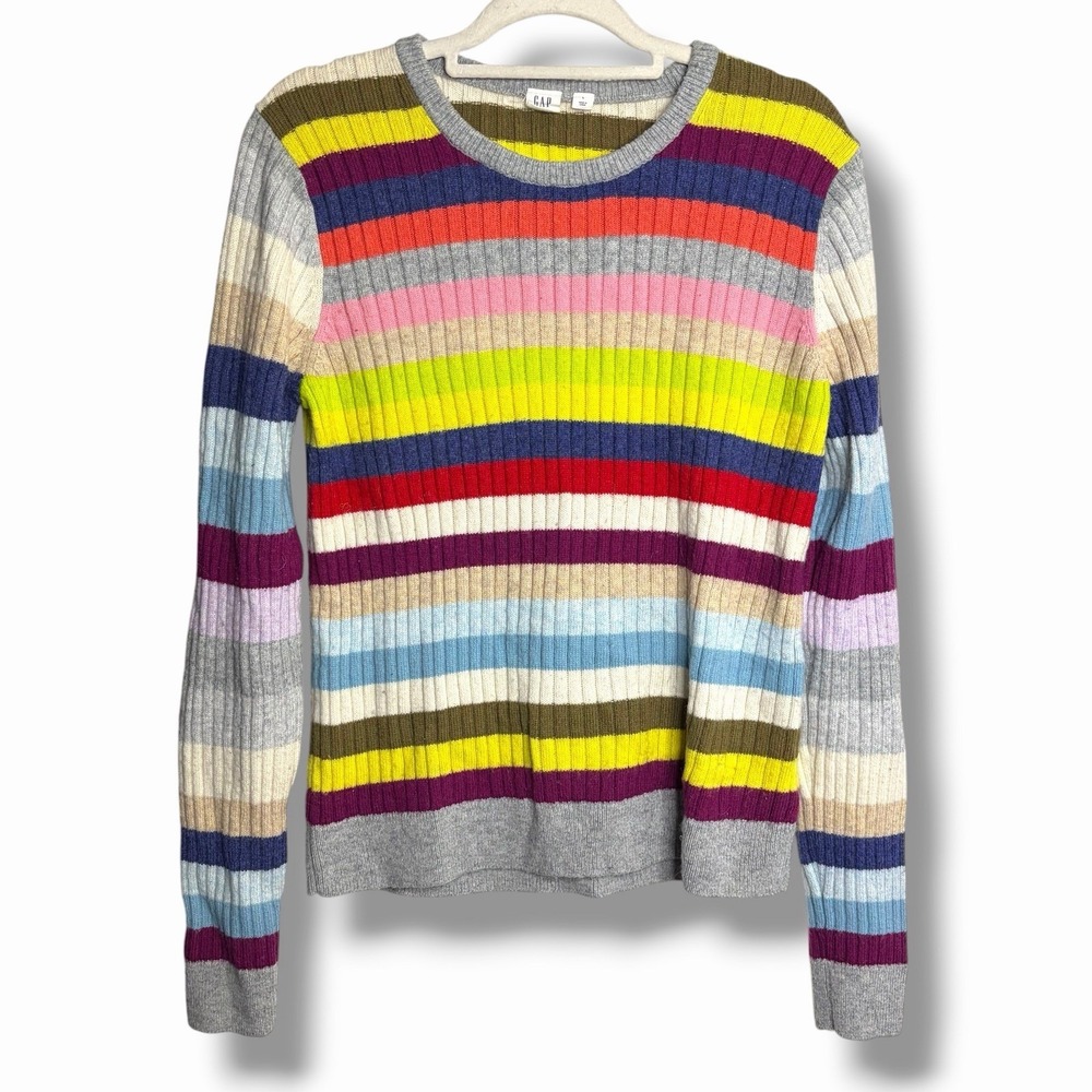 Y2K Gap Rainbow Striped Sweater Women's Large Wool‎ Blend Holiday FLAW